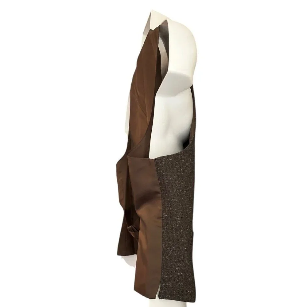 Mens Medium Dark Brown Button Front Vest Speckled Flecked Pockets Satin Lined